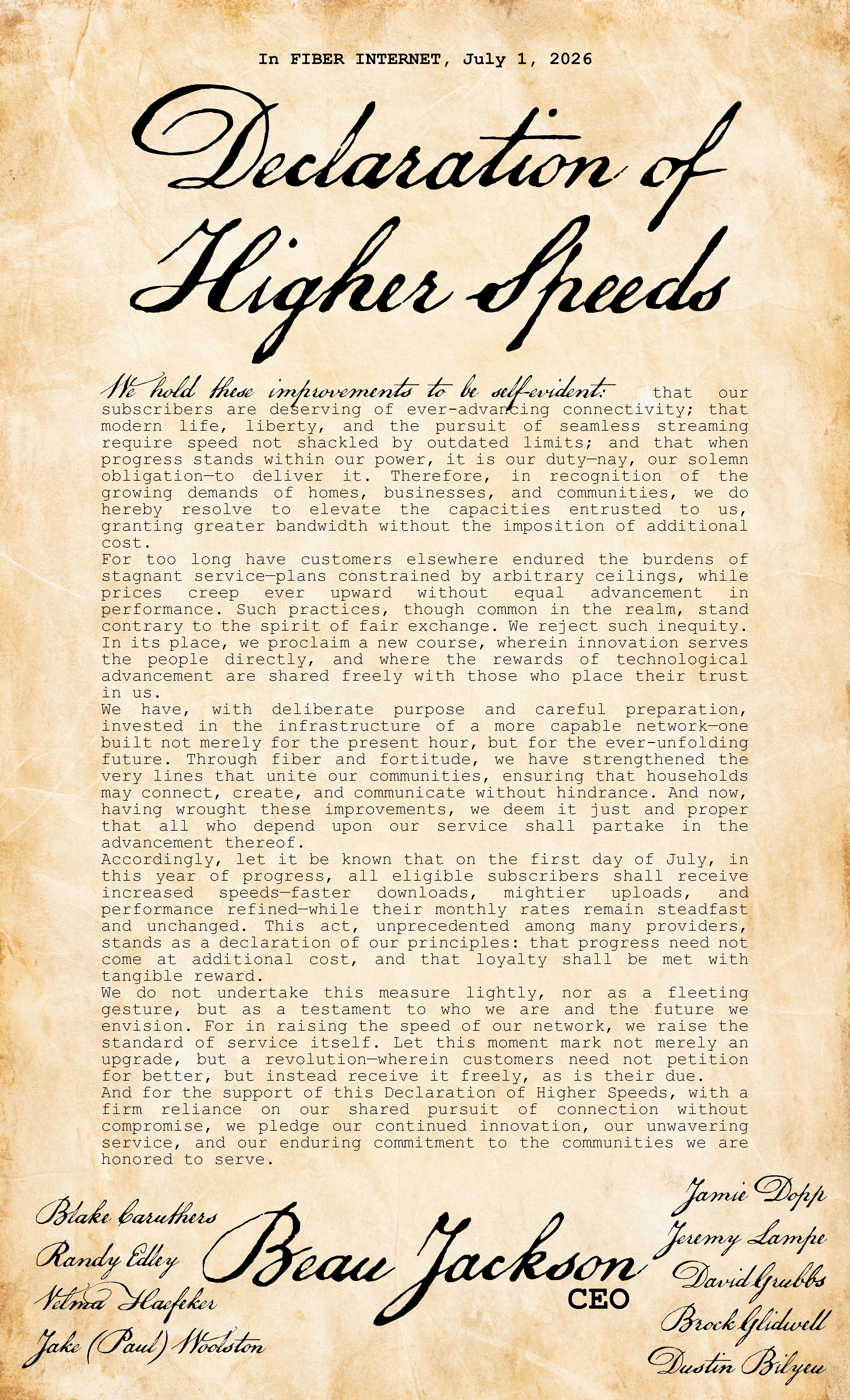 Declaration of Higher Speeds